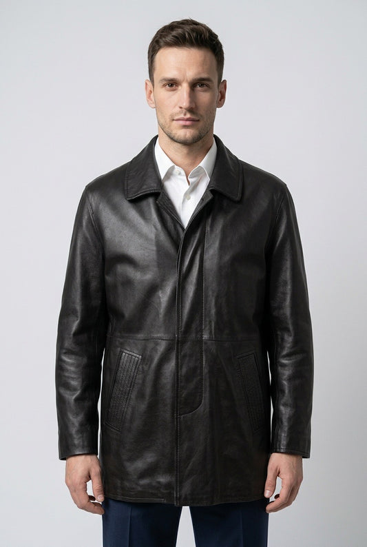 Homme portant un manteau Marco Pierguidi réversible coté cuir  loro Piana system – Seconde main luxe – VestiaireFMR Genève Suisse