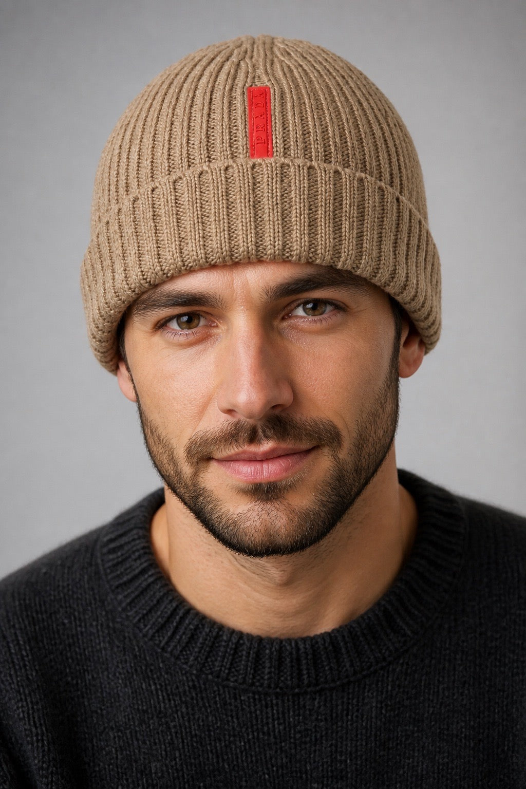 Homme portant un bonnet Prada linea Rosso vintage – Seconde main luxe – VestiaireFMR Genève Suisse