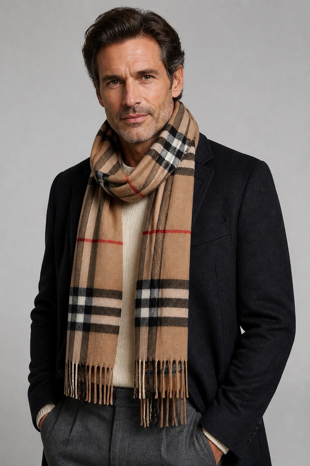 Homme portant une écharpe Burberry – Seconde main luxe – VestiaireFMR Genève Suisse