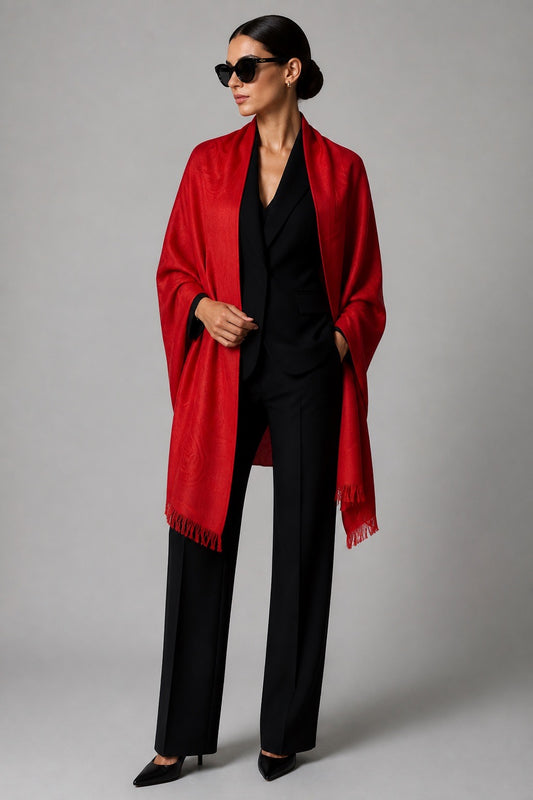 Femme portant un foulard étole en soie et cachemire  rouge Hermès – Seconde main luxe – VestiaireFMR Genève Suisse