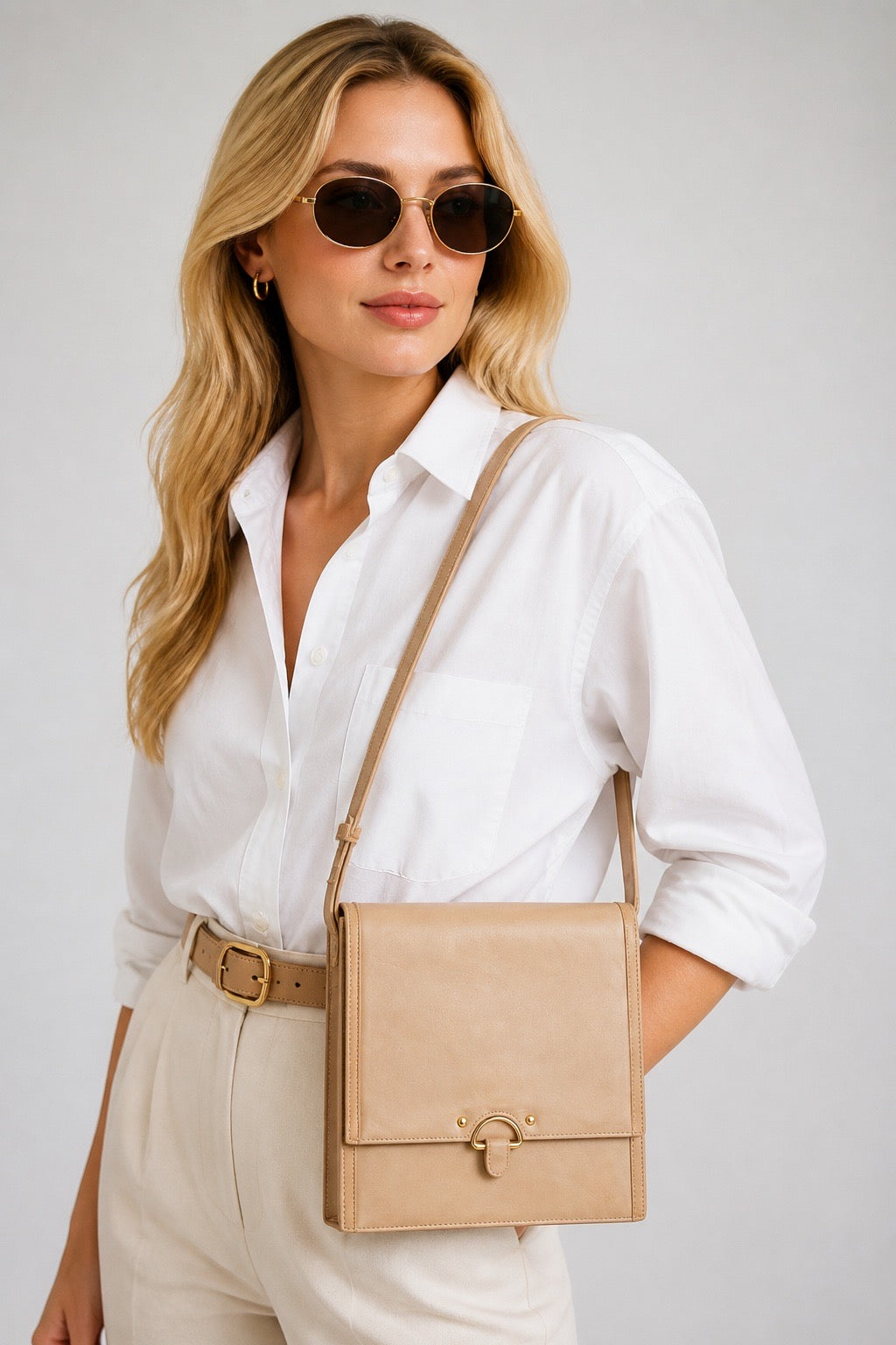 Femme portant un sac à bandoulière Bally Schoenenwerd en Cuir Beige Vintage - Seconde main luxe – VestiaireFMR Genève Suisse