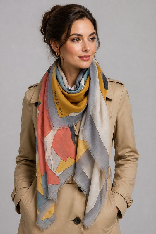 Femme portant un foulard étole vintage en laine et soie Grès Paris – Seconde main luxe – VestiaireFMR Genève Suisse
