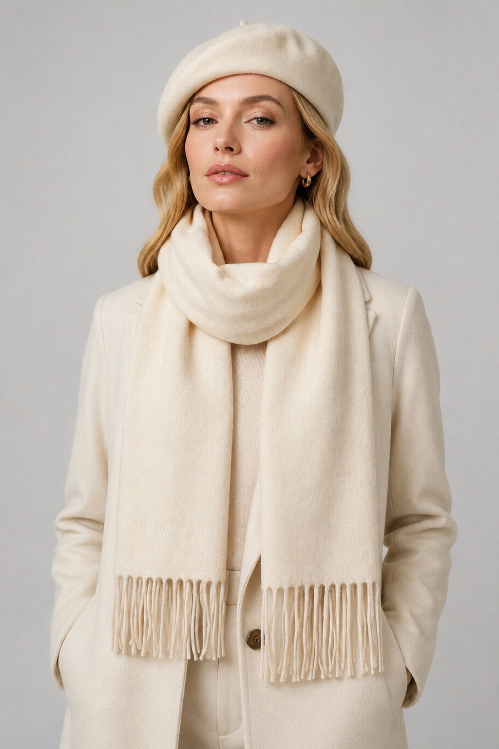 Femme portant une écharpe en cachemire exclusif blanc cassé Hermès  – Seconde main luxe – VestiaireFMR Genève Suisse