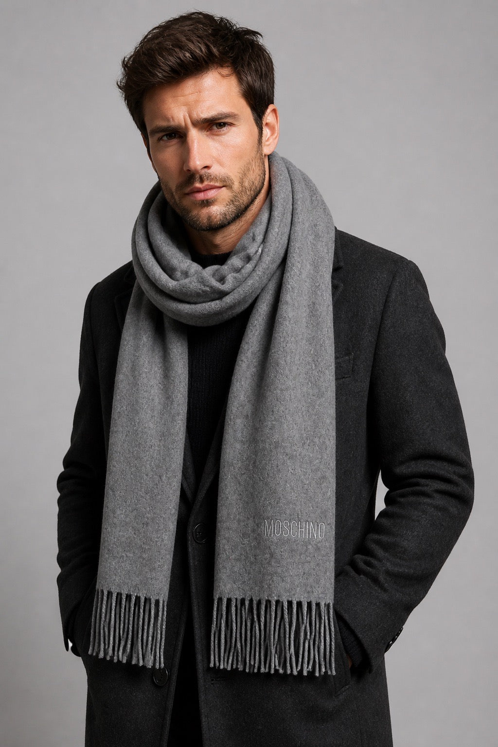 Homme portant une écharpe en laine mérinos Moschino – Seconde main luxe – VestiaireFMR Genève Suisse