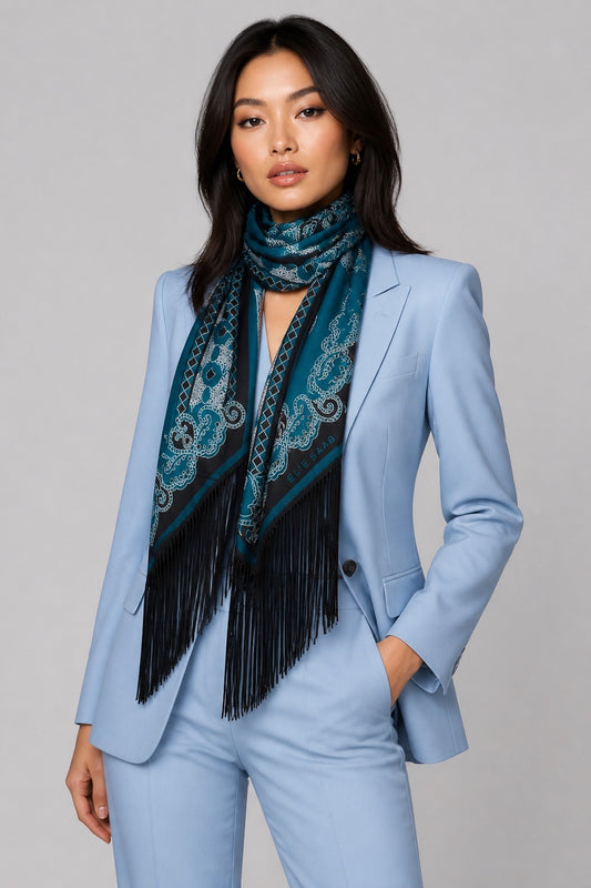 Femme portant un foulard en soie Elie Saab  – Seconde main luxe – VestiaireFMR Genève Suisse