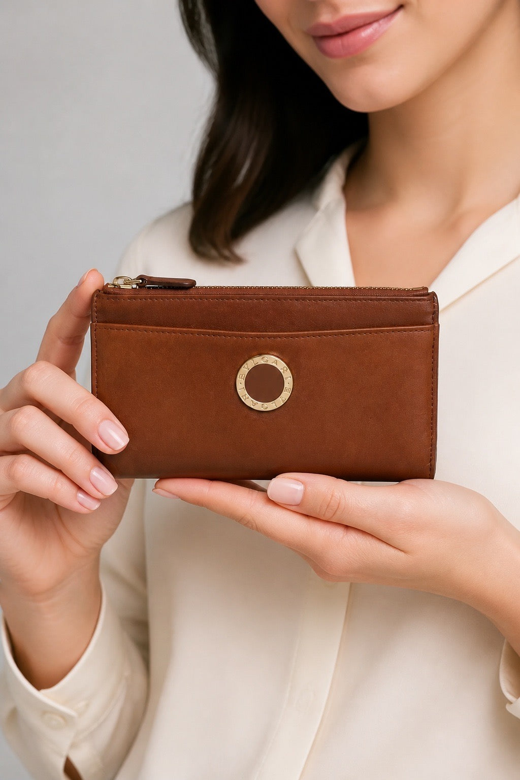 Main de femme portant un porte-monnaie Bvlgari en cuir – Seconde main luxe – VestiaireFMR Genève Suisse