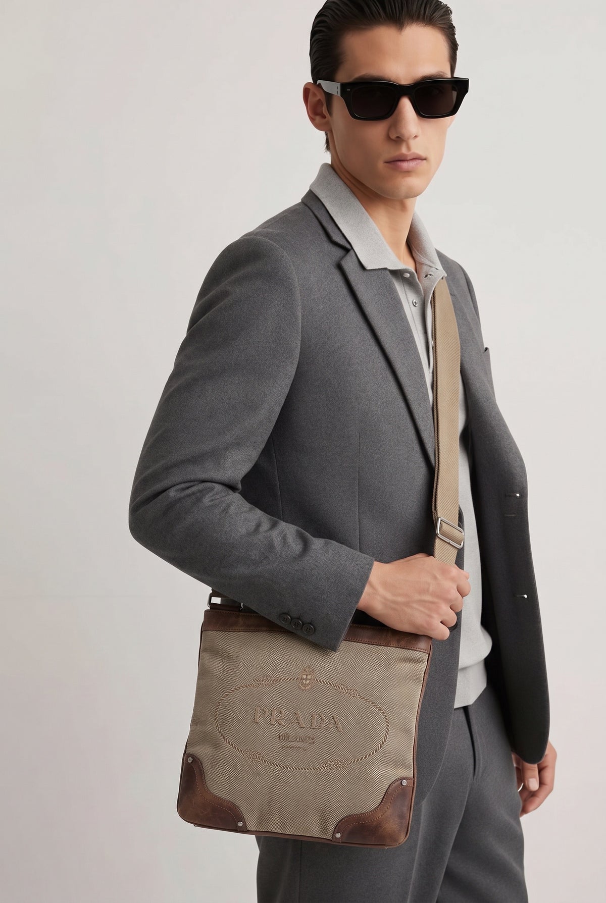 Homme portant un sac Prada marron cuir et coton vintage - Seconde main luxe – VestiaireFMR Genève Suisse