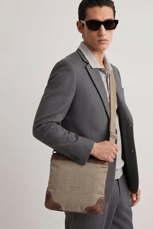 Homme portant un sac Prada marron cuir et coton vintage - Seconde main luxe – VestiaireFMR Genève Suisse