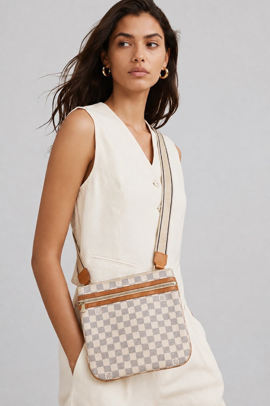 Femme portant une sacoche Louis Vuitton en cuir Damier Graphite toile blanc cassé et Gris – Seconde main luxe – VestiaireFMR Genève Suisse